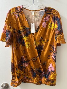 Floral Wrap Blouse in Mustard with Pink & Navy Accents